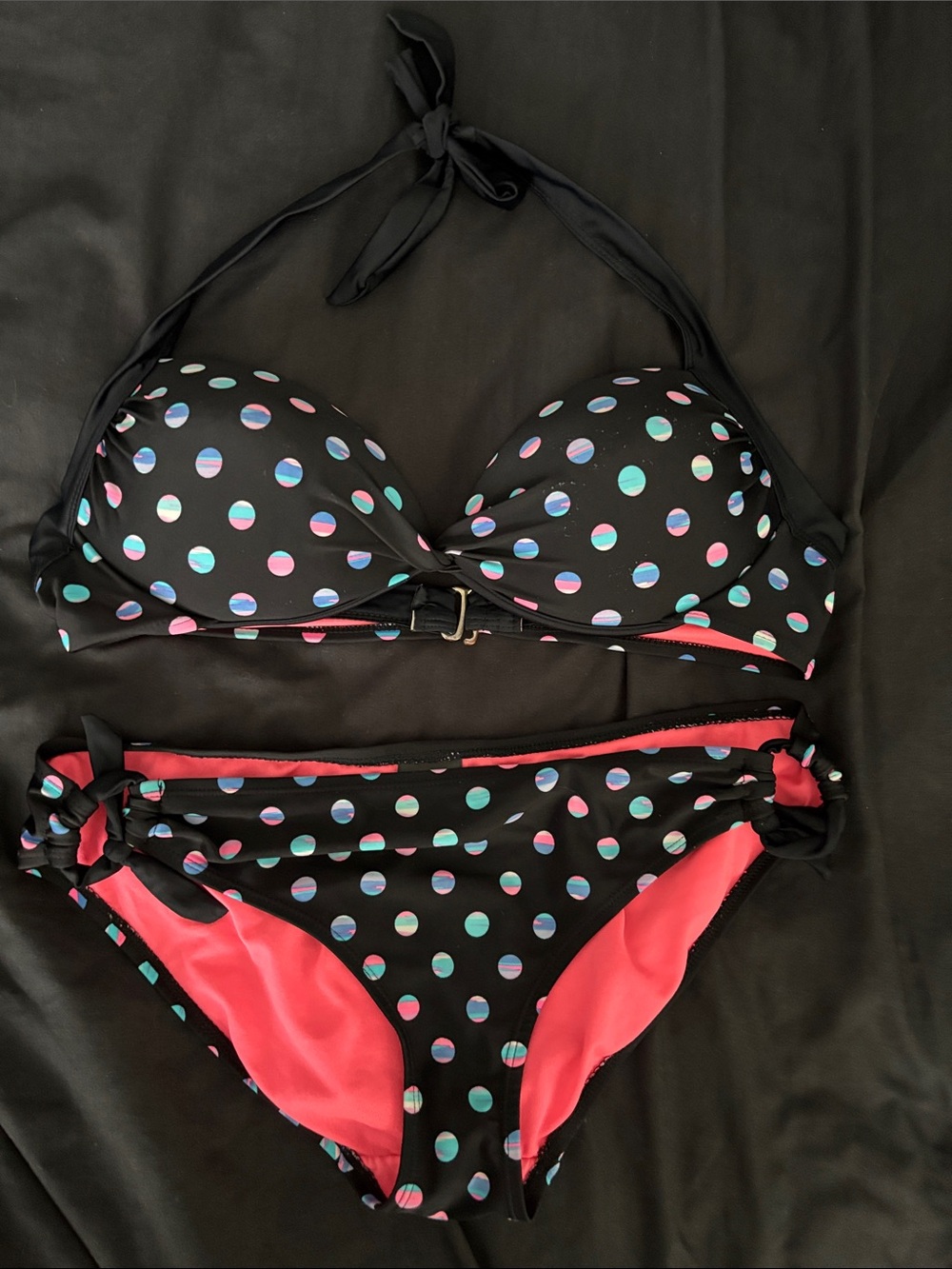 Black Polka Dot Halter Bikini Set with Pink Lining